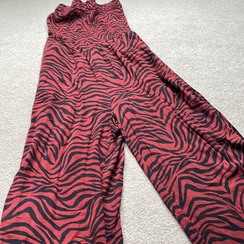 Loft Red and Black Animal Print Strapless Jumpsuit Size Medium